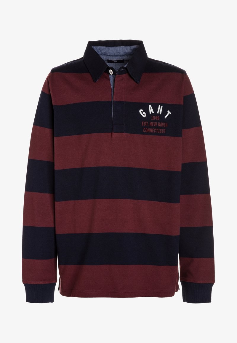 Langärmliges Rugby-Shirt mit breiten horizontalen Streifen in Marineblau und Kastanienbraun, schwarzem Kragen und weißem Text "GANT 1949 EST. NEW HAVEN CONNECTICUT" auf der Brust.