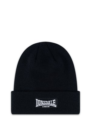 Bonnet en tricot noir avec un revers plié arborant un patch logo blanc Lonsdale London centré à l'avant.