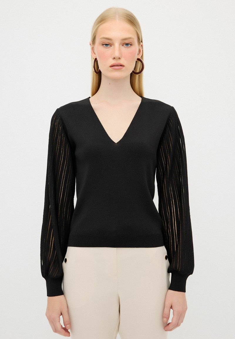 Maglione nero a maglia con scollatura a V e maniche lunghe in tessuto trasparente con strisce verticali. Polsi e orlo a coste con un corpo aderente.