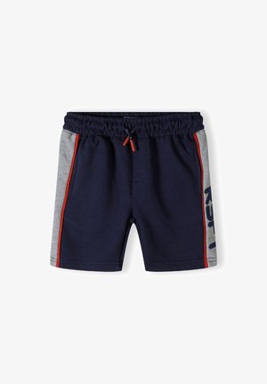 Navy blue shorts with gray side panels, elastic waistband, and drawstring. Features red accents and "K7" printed on the left side.