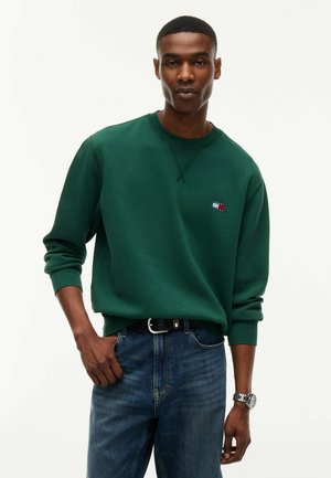 Ung mand iført en mørkegrøn sweatshirt med lange ærmer og lille logo samt blå jeans, stående med den ene hånd i lommen.