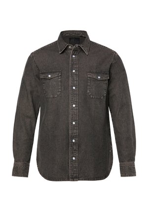 Donkerbruine denim overhemd met een knoopsluiting aan de voorkant, twee borstzakken met kleppen en lange mouwen. De stof heeft een gestructureerde afwerking.