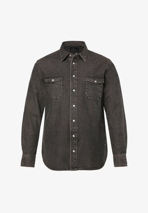 Camicia in denim marrone scuro con chiusura a bottoni davanti, due tasche sul petto con pattine e maniche lunghe. Il tessuto ha una finitura textura.