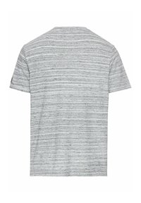 Grå kortærmet t-shirt med et horisontalt stribet mønster, lavet af blødt stof med rund hals og en afslappet pasform.