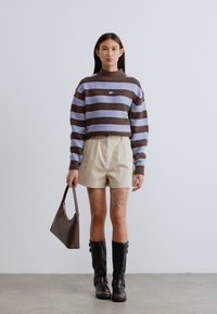 Πλεκτό πουλόβερ με οριζόντιες ρίγες σε καφέ και ανοιχτό μπλε, μπεζ σορτς, δερμάτινη τσάντα χειρός και μαύρες μπότες μέχρι το γόνατο. Απλά στοιχεία σχεδίασης.