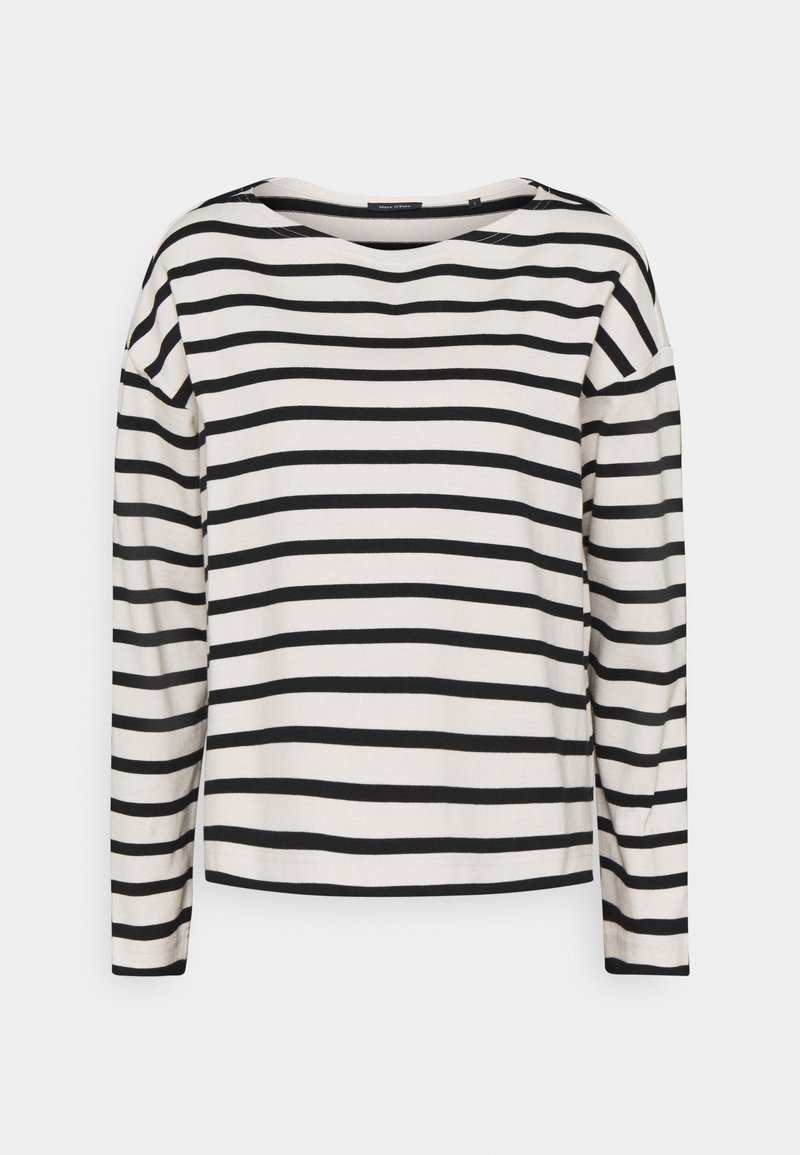 Chemise blanche à manches longues avec des rayures horizontales noires et un large col rond, présentée à plat sur un fond clair.