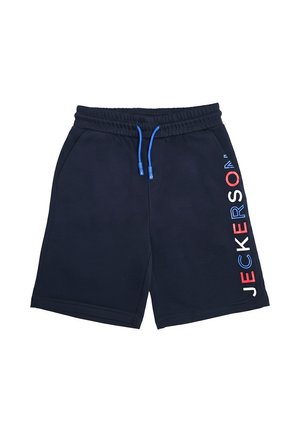 Pantaloncini casual blu navy con fascia elastica in vita, coulisse blu, tasche laterali e logo multicolore "JECKERSON" sulla gamba destra.