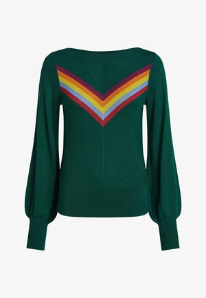 Suéter de punto verde con un diseño de rayas en forma de V en rojo, amarillo y azul, con mangas largas abullonadas y dobladillo acanalado.