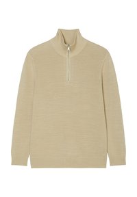 Pull en maille beige à manches longues avec un col montant côtelé et une courte fermeture éclair à l'avant.