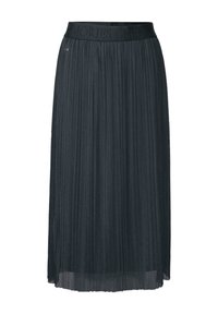 Black pleated skirt with a textured finish, featuring a wide waistband with embossed branding and a subtle sheen throughout the fabric.