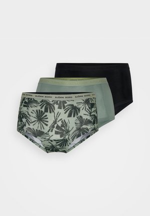 Tre paia di mutande Björn Borg: un paio nero, un paio verde uniforme e un paio verde con motivi di foglie tropicali nere. Materiale in cotone morbido.