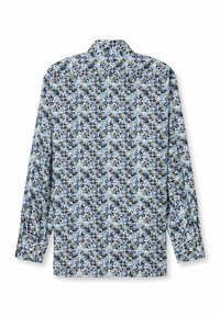 Langarmhemd mit floralem Muster in Blau, Schwarz und Grün auf einem hellen Hintergrund; klassischer Kragen und Knopfmanschetten.