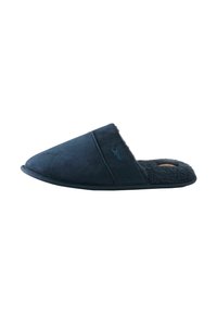 Navy blue slipper with a soft suede exterior, plush inner lining, angled design, and textured sole for comfort. Features subtle logo detail.