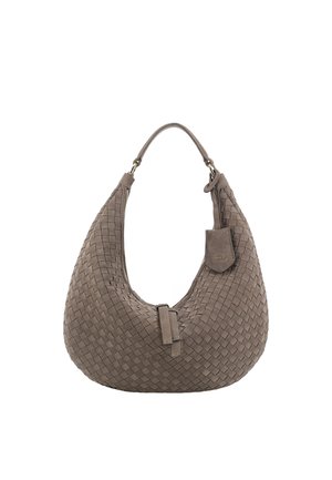 Woven taupe shoulder bag with a curved shape, featuring a single strap and a small pocket detail. Smooth texture and understated design.