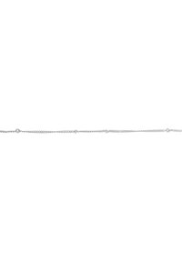 Silver chain bracelet featuring small round pearl accents, with a delicate, interlocking design and smooth texture.