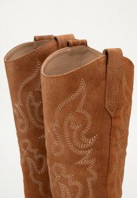 Bruine suède cowboylaarzen met decoratieve gestikte patronen en uittreklussen op een effen witte achtergrond.