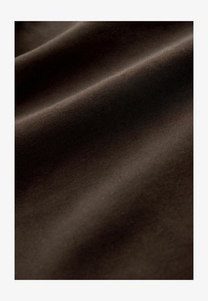 Brown fabric with a smooth texture and fine ribbed pattern, displaying subtle sheen and varying shades. The material appears flexible.