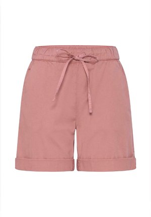 Shorts en coton rose avec taille élastique, lien à l'avant, poches latérales et ourlets retournés.