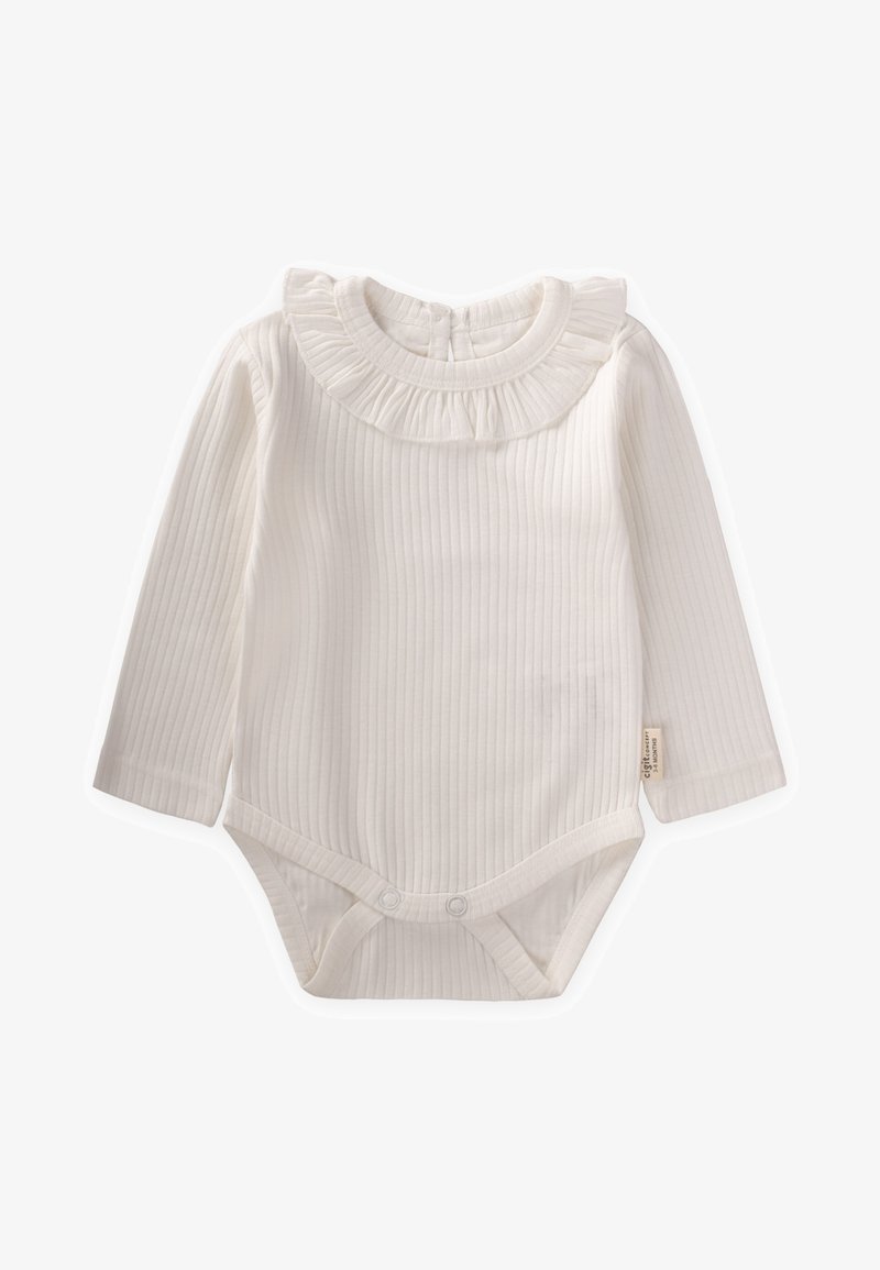 Baltos raukšlėtos ilgomis rankovėmis bodysuit, turintis flitruotą apykaklę, užsegimus apačioje ir šoninės etiketės. Minkšta tekstūra.