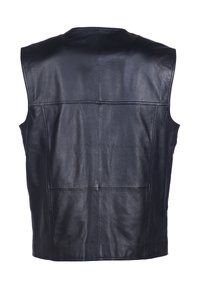 Schwarze Lederweste, ärmelloses Design, glatte Textur mit genähten Nähten, ausgestattet mit zwei horizontalen Taschen auf dem Rücken.