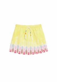 Gonna tie-dye gialla con sfumature rosa e bianco. Presenta una vita con coulisse decorata da perline colorate. Tessuto morbido e design svasato.