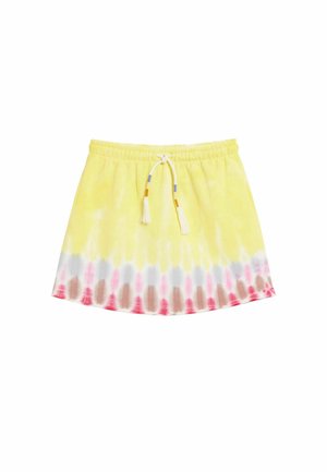 Batikkleid in Gelb mit Pink- und Weißverlauf. Mit Kordelzug an der Taille und farbenfrohen Akzentperlen. Weicher Stoff und ausgestelltes Design.