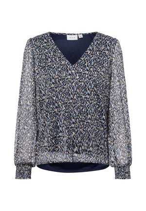 Transparente navy Bluse mit V-Ausschnitt, die ein mehrfarbiges abstraktes Muster zeigt. Lange Puffärmel mit elastischen Bündchen und einem abgerundeten Saum.