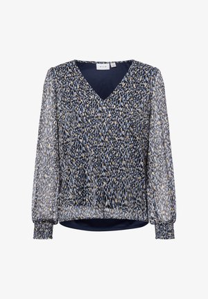 Transparente navy Bluse mit V-Ausschnitt, die ein mehrfarbiges abstraktes Muster zeigt. Lange Puffärmel mit elastischen Bündchen und einem abgerundeten Saum.