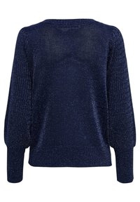 Navyblaues, langärmliges Strickpullover mit Glanz, gerippten Ärmelbündchen und Saum sowie einem runden Ausschnitt, von hinten gezeigt.