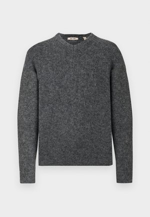 Grå ullgenser med rund hals og lange ermer. Strukturert strikket stoff og ribbestrikkede mansjetter ved håndleddene og i kanten. Enkel, klassisk design.