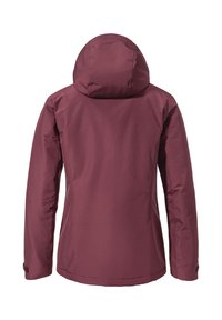 Burgundowa ocieplana kurtka z kapturem, gładka tekstura, długie rękawy i dopasowany krój. Widok tylko z tyłu, bez widocznych detali z przodu.