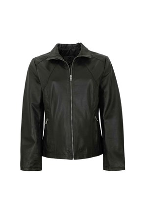 Schwarze Lederjacke mit einem Frontreißverschluss, Stehkragen und Seitentaschen. Sie zeichnet sich durch eine glatte Textur und eine taillierte Silhouette mit Nahtdetails aus.