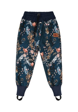 Niebieskie spodnie dresowe z kwiatowym wzorem, elastyczną talią z czarnymi sznurkami, ściągaczami przy nogawkach i paskami na stopy.