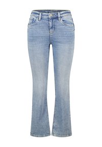 Lichtblauwe denim flare jeans met een recht beenontwerp, vijf zakken, een knoopsluiting en subtiele vervaging door de stof.