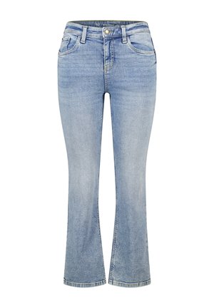 Lichtblauwe denim flare jeans met een recht beenontwerp, vijf zakken, een knoopsluiting en subtiele vervaging door de stof.