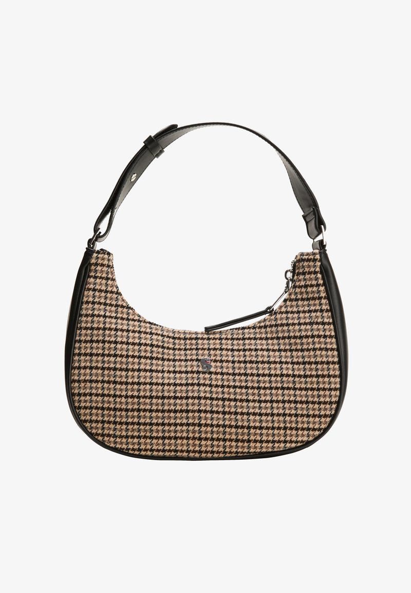 Petit sac à épaule avec motif pied-de-poule marron et noir, garniture en cuir noir, bandoulière réglable et fermeture éclair.