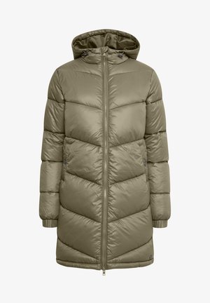 Doudoune verte olive avec capuche, présentant des coutures en chevron, une fermeture éclair à l'avant et des poignets élastiques pour un ajustement sécurisé.