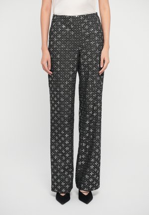 Black, sequin-embellished wide-leg pants with a textured finish. High-waisted design featuring a flat front and subtle sheen.