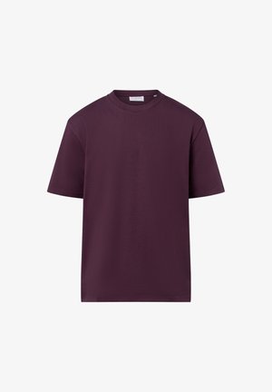 Burgunderfarbener Baumwoll-T-Shirt mit rundem Ausschnitt, kurzen Ärmeln und lockerer Passform. Glatte Textur und keine Muster oder Grafiken.