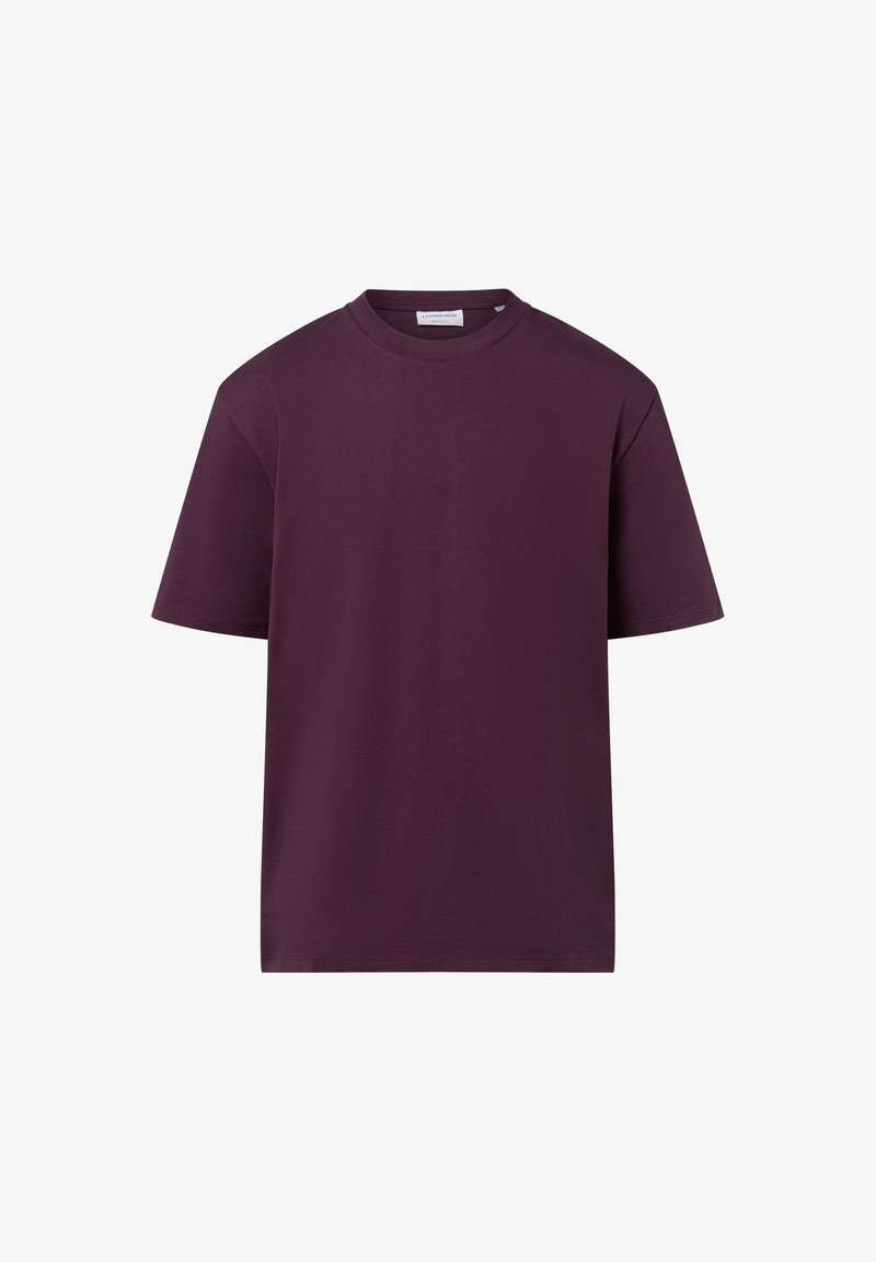 Burgunderfarbener Baumwoll-T-Shirt mit rundem Ausschnitt, kurzen Ärmeln und lockerer Passform. Glatte Textur und keine Muster oder Grafiken.