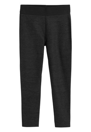 Leggings noirs avec une taille large, fabriqués à partir d'un tissu texturé avec un motif chiné subtil, coupe ajustée et design full-length.