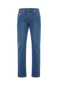 Jeans in denim blu con design a gamba dritta, cinque tasche e chiusura con bottone. Presentano una leggera scoloritura e dettagli di cucitura a contrasto.