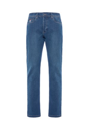 Jeans in denim blu con design a gamba dritta, cinque tasche e chiusura con bottone. Presentano una leggera scoloritura e dettagli di cucitura a contrasto.