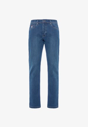 Jeans in denim blu con design a gamba dritta, cinque tasche e chiusura con bottone. Presentano una leggera scoloritura e dettagli di cucitura a contrasto.