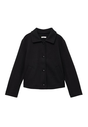 Chaqueta de mezcla de lana negra con mangas largas, cuello, cuatro botones frontales y dos bolsillos laterales.