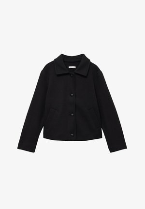 Schwarze Jacke aus Wollmischung mit langen Ärmeln, Kragen, vier vorderen Knöpfen und zwei Seitentaschen.