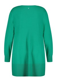 Zelený svetr s dlouhým rukávem a kulatým výstřihem, žebrovanou texturou na manžetách a lemu, doplněný malým logem na zadním výstřihu.