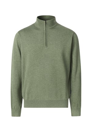 Jasnozielony sweter z długim rękawem, z suwakiem do ćwiartki oraz prążkowanym kołnierzem, mankietami i dołem, przedstawiony na jednolitym białym tle.