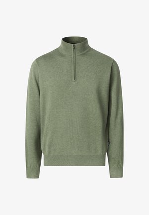 Hellgrüner Pullover mit langen Ärmeln, teilweise Reißverschluss und geripptem Kragen, Bündchen sowie Saum, dargestellt vor einfachem weißem Hintergrund.