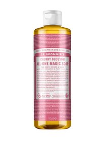 Dr. Bronner's Cherry Blossom All-One Magic Soap in a clear, tall bottle. Pink label with white text, gold cap, and 475 ml measurement.